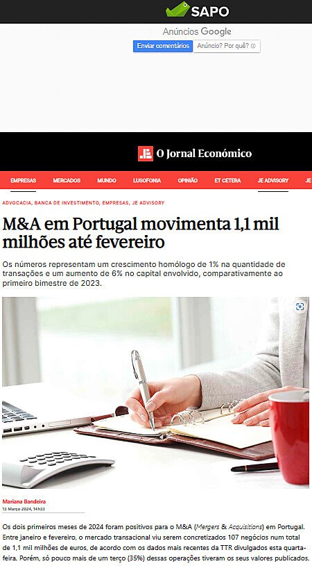 M&A em Portugal movimenta 1,1 mil milhes at fevereiro